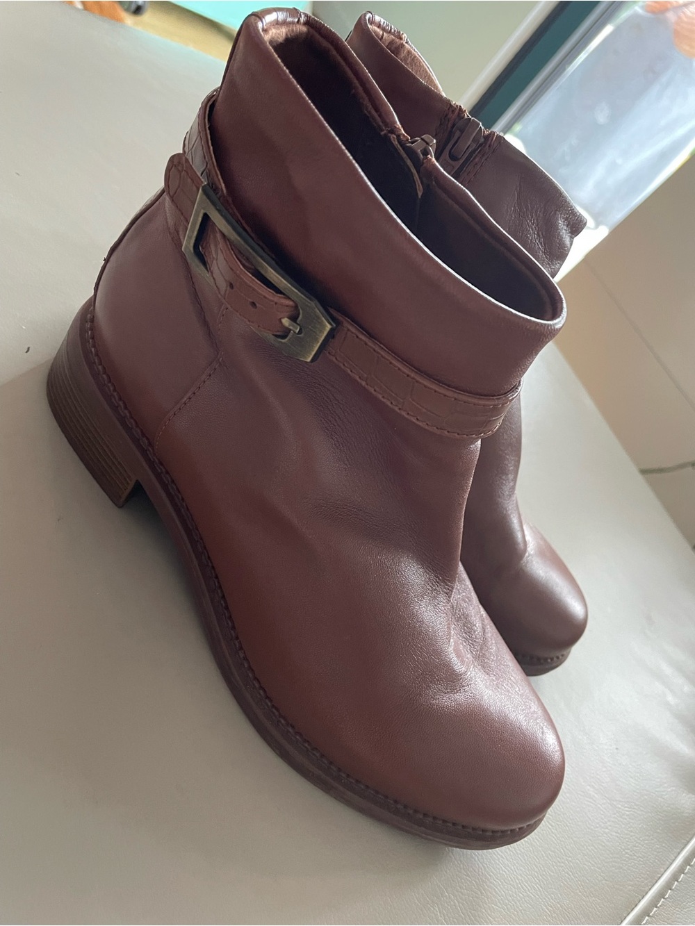 Clarks Brown Leather Ankle Booties w Croco Side Buckle